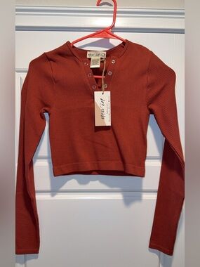 NanaMacs Rust Ribbed Henley Crop Top